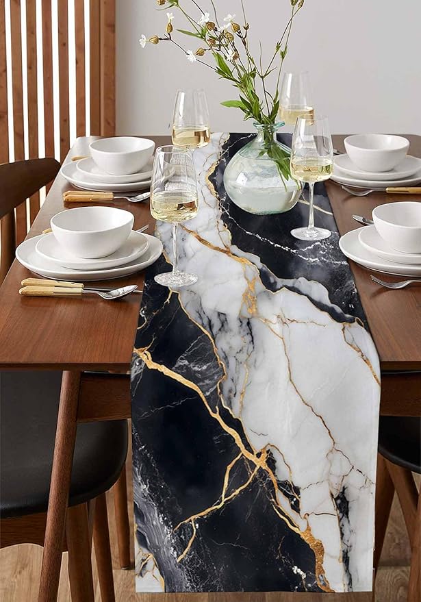 Black White Marble Cotton Linen Table Runner for Dining Kitchen, Wedding Outdoor Party Tablerunners Decoration, Nature Marble Crack Modern Art Dresser Scarf Coffee Tablecloth Runners 13x120 Inches