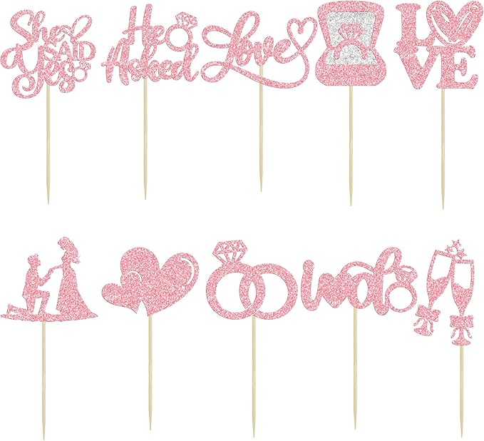 Ephlyn 30Pcs He Asked She Said Yes Cupcake Toppers Glitter Engagement Cupcake Toppers Diamond Ring Heart Love I Do Cupcake Picks for Engagement Wedding Party Cake Decorations Pink