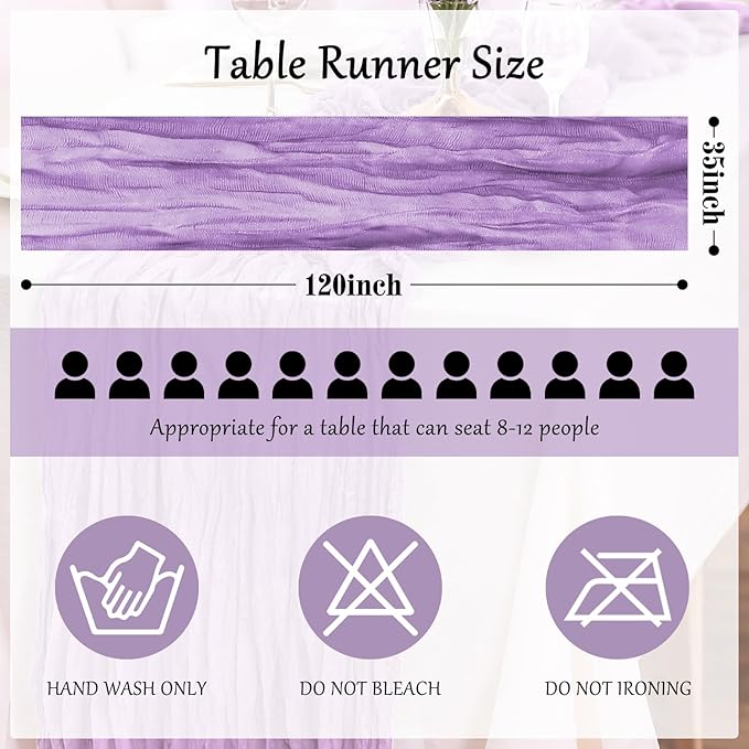 6-Pack Lilac Cheesecloth Table Runners – 10FT (35x120 Inch) Boho Rustic Gauze Fabric Cheese Cloth Table Runner for Weddings, Baby Showers, Bridal Shower, Farmhouse & Birthday Party Decor