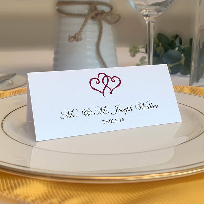 Linked Hearts Place Cards, Burgundy (Choose Color), Set of 25, Pre-cut and Scored - Wedding, Party, Dinner, and Special Events - Made in the USA