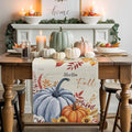 Thanksgiving Fall Cotton Linen Table Runner for Dining Kitchen, Blue Pumpkins Rustic Wedding Outdoor Party Autumn Tablerunners Decoration, Leaves Dresser Scarf Coffee Tablecloth Runners 13x72 Inches