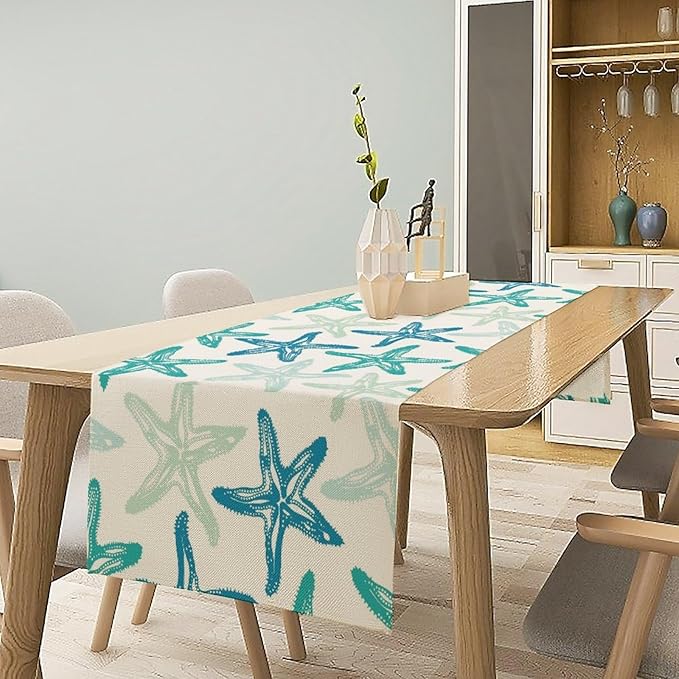 Starfish Plaid Table Flag Green Plaid and Marine Life Starfish Kitchen Table Flag Suitable for Birthday Party Restaurant Decoration Outdoor Picnic 13 * 90 Inch