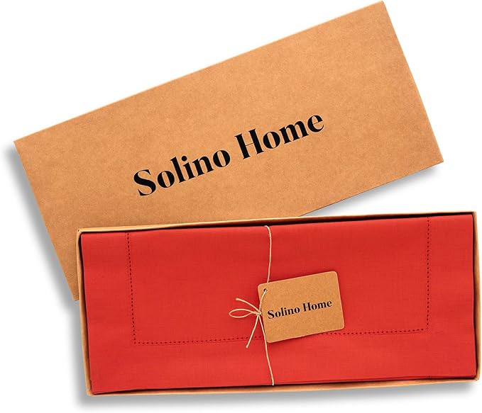 Solino Home Cotton Linen Table Runner 60 Inches - Poppy Red Hemstitch Table Runner 14 x 60 Inch Ideal for Dresser and Coffee Tables - Halloween