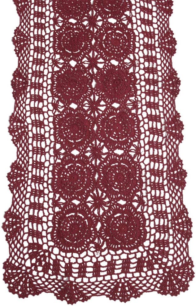 KEPSWET Cotton Handmade Crochet Lace Table Runner Wine Red Rectangle Coffee Table Dresser Decor (14x36 inch)