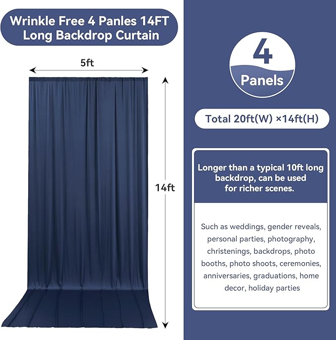 20ftx14FT Wrinkle Free Navy Blue Backdrop Curtain, 4 Panels 14FT Height Navy Blue Wedding Backdrop Drapes, Silky Polyester Back Drop Cloth for Birthday Photography Background Party Backdrop Draping