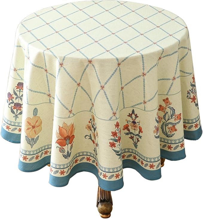 ISAENNE Designer Linen Floral Round Tablecloth,Light Green Farmhouse Durable Table Cloth,Washable Decor Tablecloths for Dining Kitchen Thanksgiving Christmas,Diameter 67"-Floralsea B