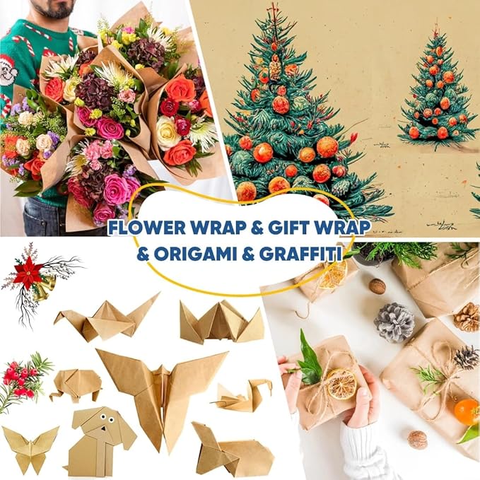 Brown Wrapping Paper, 15"x900" Craft Bulletin Board Kraft Banner Decorative Paper Roll, Bouquet Flower Father's Day Valentines Graduation Gift Wedding Table Covering Packing Shipping Moving Supplies