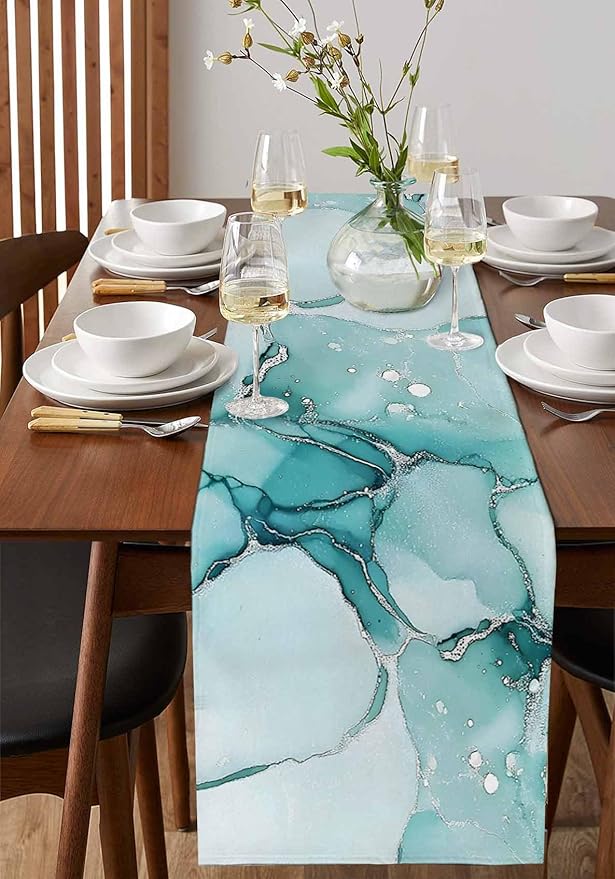 Turquoise Marble Cotton Linen Table Runner for Dining Kitchen, Wedding Outdoor Party Tablerunners Decoration, Nature Marble Crack Country Retro Dresser Scarf Coffee Tablecloth Runners 13x48 Inches