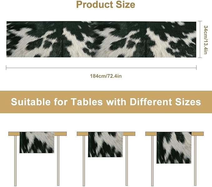 Cow Skin Print Table Runner, Rustic Country Farm Fur Skin Cowhide Pattern Western Style Black White Print Table Runner for Home Kitchen Dinning, 13x120 Inch