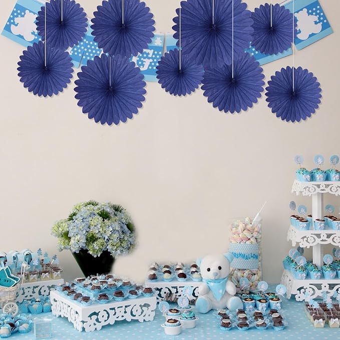 20 Pcs Blue Hanging Paper Fan, Round Paper Fans Decorations Set for Weddings, Birthdays, Engagement, Bridal Shower, Baby Shower Event, Graduation, Party Supplies Decor