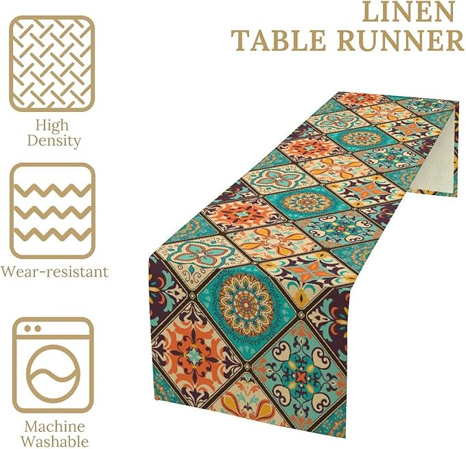 Bohemian Patchwork Table Runnerboho Colorful Tile Patchwork Indian Floral Print Table Runner for Home Kitchen Indoor Outdoor Party Wedding Decor, 13x108inch