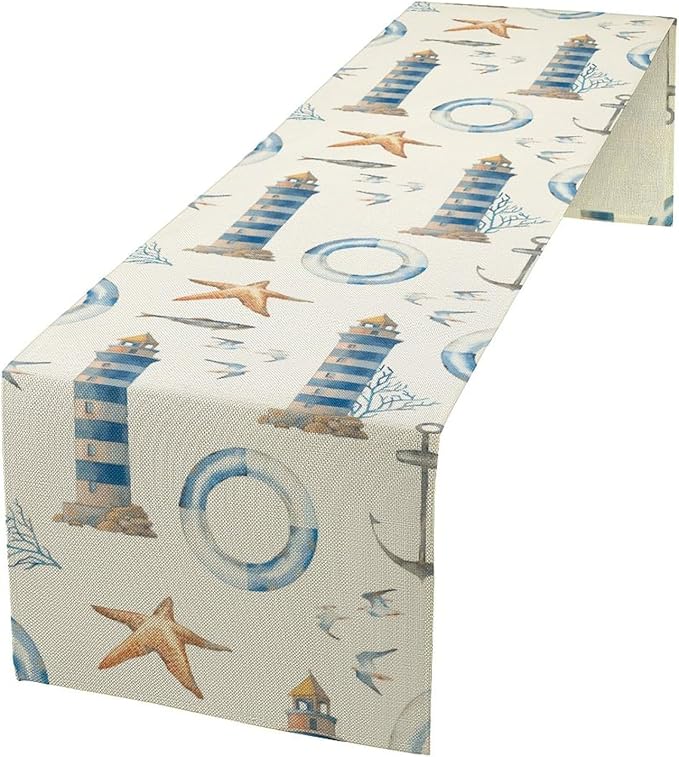 Blue Beach Table Runner, Tropical Ocean Coast Table Runner, Seashell Seasonal Nautical Restaurant Coffee Table Decorations for Home Holiday Party Indoor Outdoor 13x70 Inch