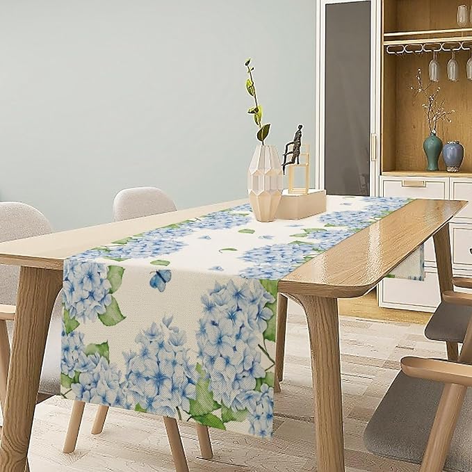 Watercolor Hydrangea Flower Table Runner, Spring Summer Seasonal Plants Butterfly Blue Dinner Runner for Home Kitchen Dining Table Party Holiday Decoration 13"x108"