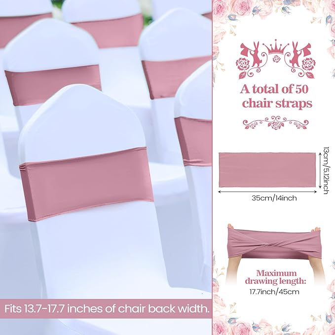 Kinlop 50 Pcs Spandex Chair Sashes Bows Chair Bands Slider Sashes for Covers Elastic Bands Ties Without Buckle Decorations for Wedding Party Events Ceremony Birthday(Dusty Pink)