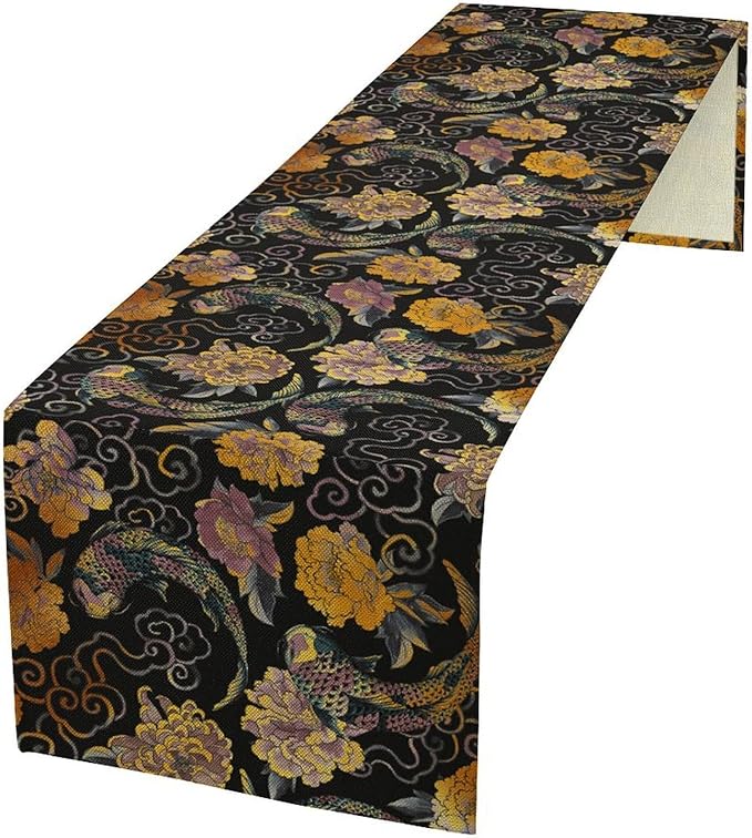 Japanese Table Runner Retro Flowers Oriental Tradition Kio Fish Art Printed Burlap Runner Home Kitchen Dining Table Living Room Decor Fabric 1 Panel W13xL108in