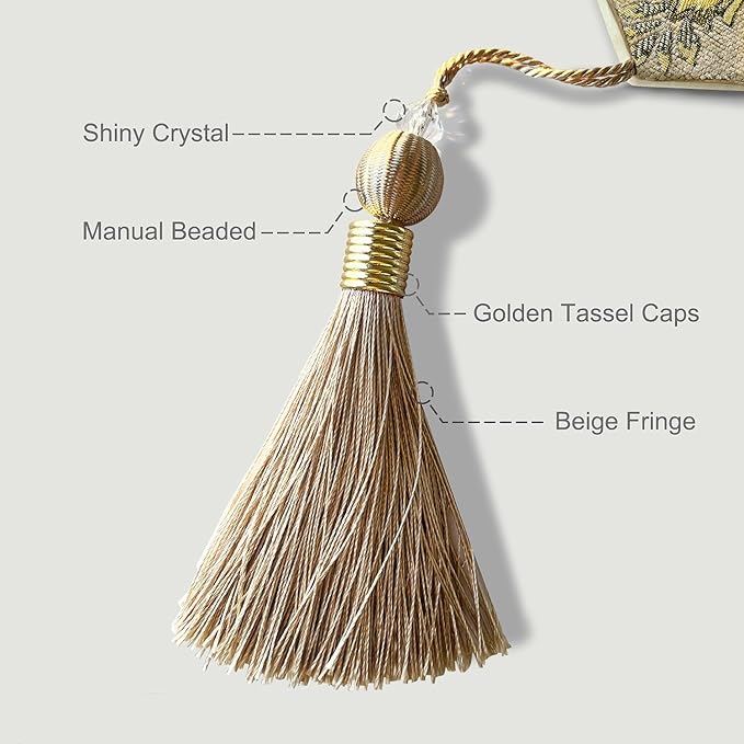 Luxury Table Runner Chenille Embroidered Jacquard Triangle with Pretty Tassels - Beige 13x60 inches