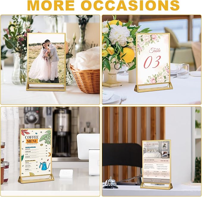 EHWINE 2 Pack Acrylic Sign Holder 5 x 7, Double Sided Gold Picture Frame Stand up Table Top Sign Holders, Clear Display Stand Menu Flyer Holder for Wedding Party