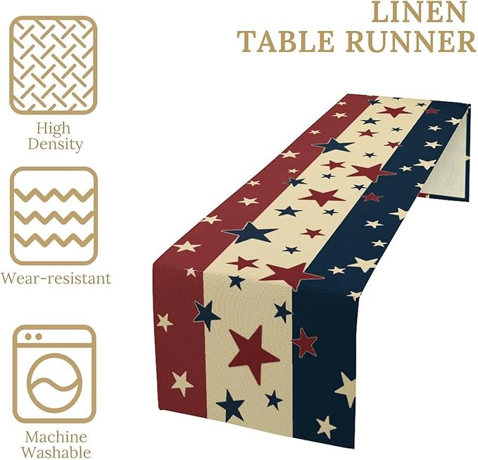 Memorial Day Table Runner, 4th of July American Patriotic Independence Day Stars Stripes Print Table Runne for Summer Holiday USA Home Decoration Party,13x70inch