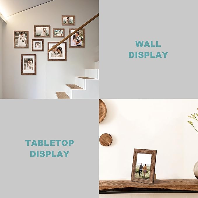 11x14 Picture Frame Set of 4 with Tempered Glass, Rustic Frame Display 8x10 Pictures with Mat or 11 x 14 Without Mat, Wooden Photo Frames for Wall Mounting