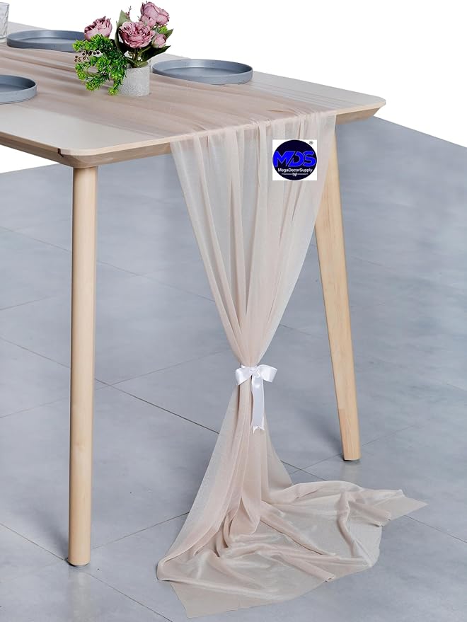 MDS 25 Pack 10ft Chiffon Table Runner 29 x 120 Inches Sheer Wedding Runner Romantic Rustic Table Runner for Wedding Decorations, Birthday Parties, Bridal Shower Party Arch Decor - Nude