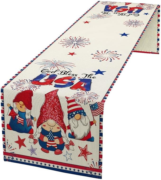Cute Patriotic Gnomes Table Runner, American Independence Day 4th of July Gnome Blue Red Fireworks Confetti Print Table Runner for Home Kitchen Dining Table Party Decor, 13x70inch