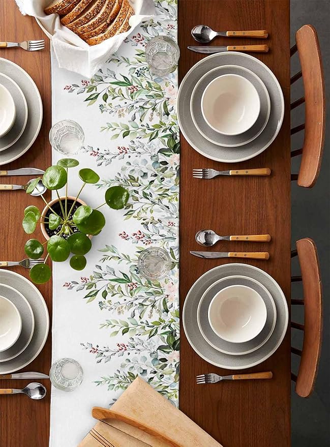 Botanical Eucalyptus Cotton Linen Table Runner for Dining Kitchen, Wedding Outdoor Party Tablerunners Decoration, Sage Green Leaves Elegant Floral Dresser Scarf Coffee Tablecloth Runners 13x108 Inches