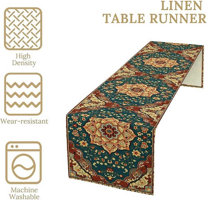 Boho Rich Table Runner, Vintage Blue Teal Gold Retro Flower Rustic Country Style Floral Print Pattern for Home Kitchen Table Decor Dining Coffee Room Garden Party Decor 13x36in
