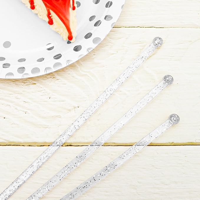 100-PCS Silver Glitter Plastic Swizzle Sticks, Crystal Cake Pops, Cocktail Coffee Drink Stirrers, Stir Sticks, 7.24 Inch