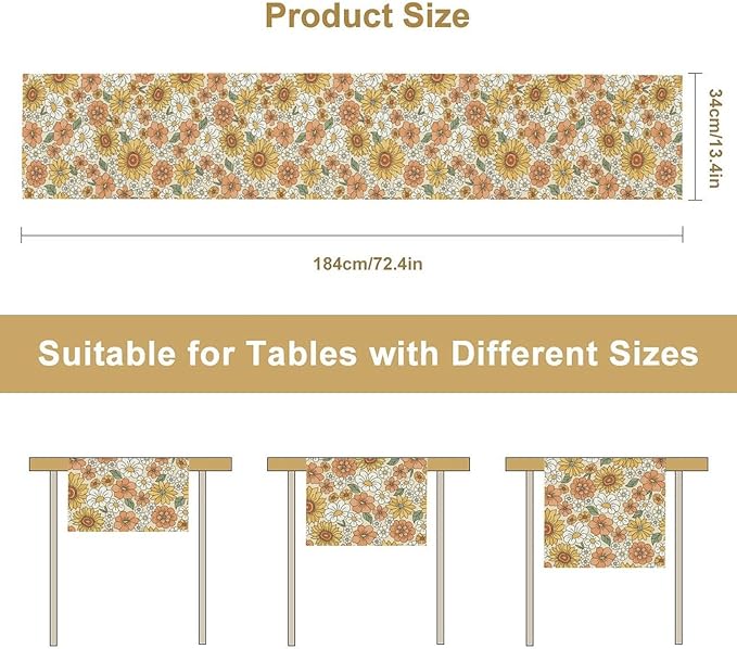 Vintage Floral Table Runner,Boho 70s Style Retro Daisies Flower Table Runner for Kitchen Dining Table Home Party Decoration 13x120 Inch