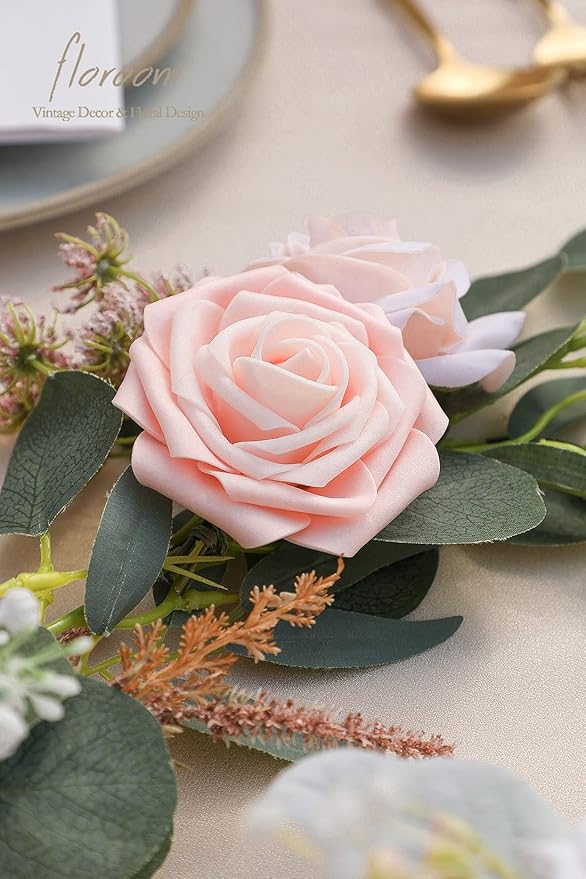 Floroom Artificial Flowers 25pcs Real Looking Blush Shades Foam Fake Roses with Stems for DIY Wedding Bouquets Bridal Shower Pink Centerpieces Floral Arrangements Party Tables Home Decorations