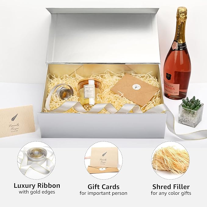 LIFELUM Gift Boxes with Lids,1 Pack 13.85 x 8.35 x 4.45 inch Silver Gift Boxes with Ribbon, Card, Shredded Paper Filler Gift Boxes for Presents,Graduation,Christmas,Birthdays