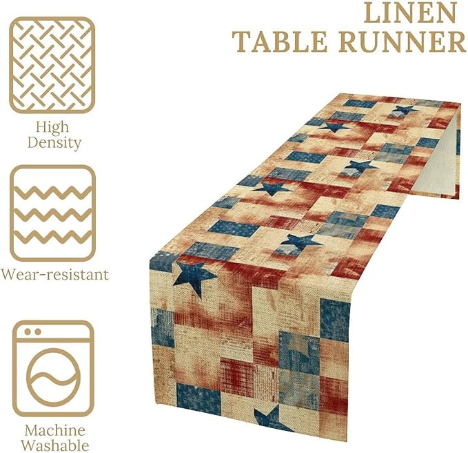 4th of July Table Runner, Rustic Vintage Country Red White Blue American Stars Independence Day Print Table Cover for Farmhouse Kitchen Dining Table Decor, 13x70inch