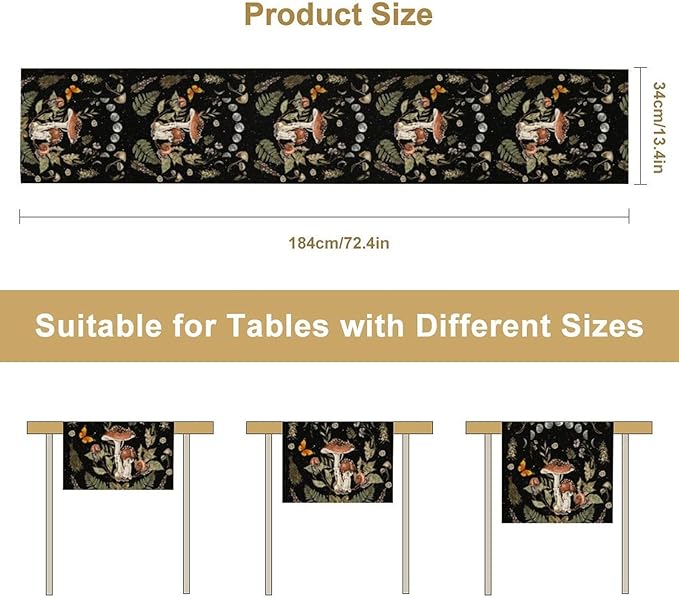 Mushroom Kitchen Table Runner, Boho Vintage Wild Flower Gothic Witchy Moonlit Forest Plant Table Runner for Bedroom Living Room Kitchen Dinner Table, 13x70 Inch