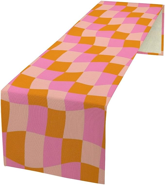 Checkered Table Runner Orange Retro 60s70s Boho Style Kitchen Restaurant Decoration Suitable for Indoor and Outdoor Festival Home Wedding Party Table Runner 13x90 Inch