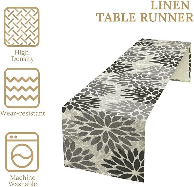 Gray Dahlia Flower Table Runner, Vintage Modern Linen Geometric Pattern Floral Table Runner Spring for Farmhouse Kitchen Dining Party Holiday Party, 13x70 Inch