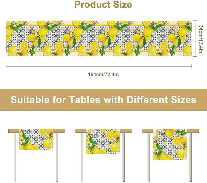 Lemon Table Runner,Spring Summer Seasonal Yellow Blue Table Runner for Kitchen Dining Table Home Party Decoration 13x108 Inch