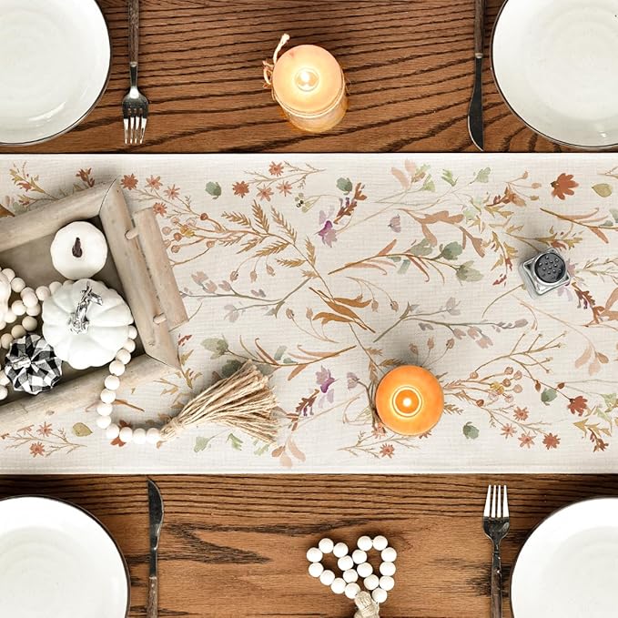 Artoid Mode Floral Leaves Fall Table Runner, Wild Flowers and Grasses Seasonal Autumn Kitchen Dining Table Decoration for Home Party Decor 13x108 Inch