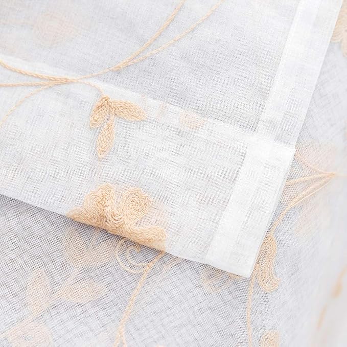 Sheer Curtains Gold 45 Inch Length,Floral Embroidered Rod Pocket Voile Drapes for Living room, Bedroom, Window Treatments Semi Curtain Panels for Yard, Patio, Villa, Parlor, Set of 2, 52"x 45".