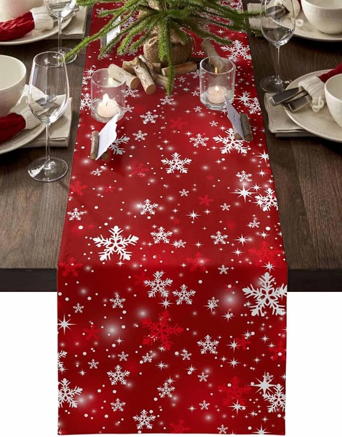 Christmas Snowflakes Cotton Linen Table Runner for Dining Kitchen, Red Xmas Winter Snow Wedding Outdoor Party Tablerunners Decoration, New Year Dresser Scarf Coffee Tablecloth Runners 13x108 Inches