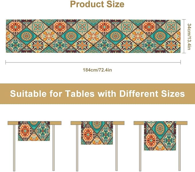 Bohemian Patchwork Table Runnerboho Colorful Tile Patchwork Indian Floral Print Table Runner for Home Kitchen Indoor Outdoor Party Wedding Decor, 13x108inch