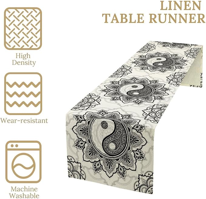 Yin Yang Table Runner, Bohemian Mandala Vintage Black White Traditional Oriental Floral Print Table Runner for Home Kitchen Dining Table Wedding Party Decor, 13x90inch
