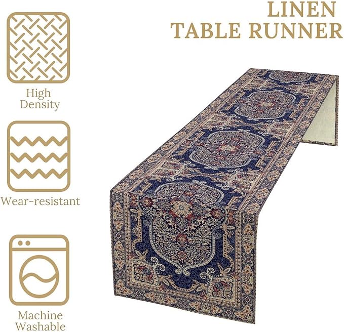 Boho Floral Vintage Table Runner, Blue Purple Retro Flower Rustic Country Farmhouse Pattern for Home Kitchen Table Decor Dining Coffee Room Party Decor 13x36in