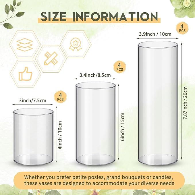Nuogo 12 Pcs Plastic Cylinder Vases Tall Clear Flower Vases for Centerpieces Hurricane Candle Holder for Home Wedding Office Party Formal Dinners Decorations (4''/6''/8'')
