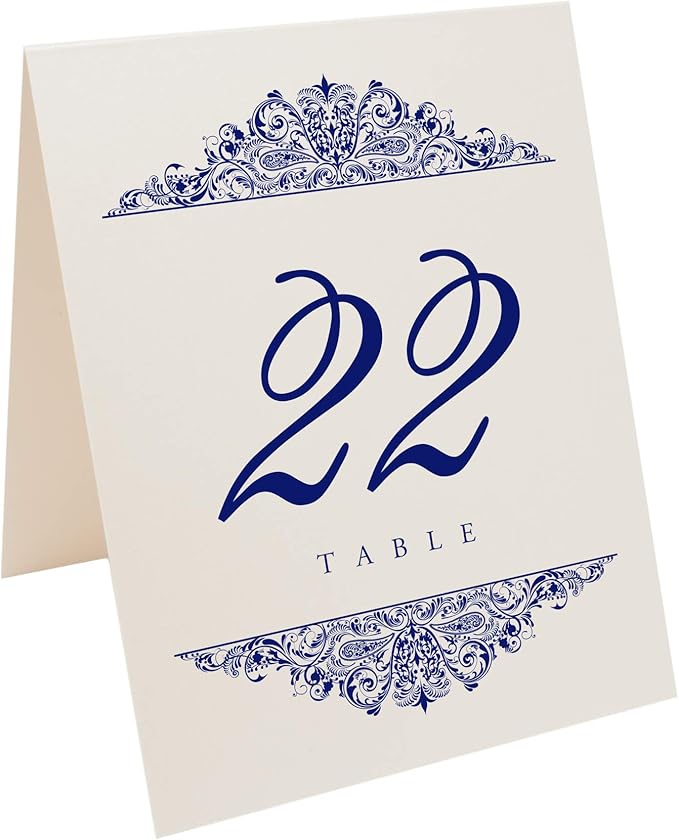 Paisley Wedding Table Numbers (Select Color/Quantity), Champagne, Navy, 1-150, Double Sided, Tent or Use in a Stand, Great for Parties & Restaurants - Made in the USA