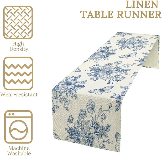 Monochrome Sketch Flowers Table Runner, Seasonal Spring Fall Plants Blue Florals Butterfly Dinner Runner for Home Kitchen Dining Table Party Holiday Decoration 13"x120"