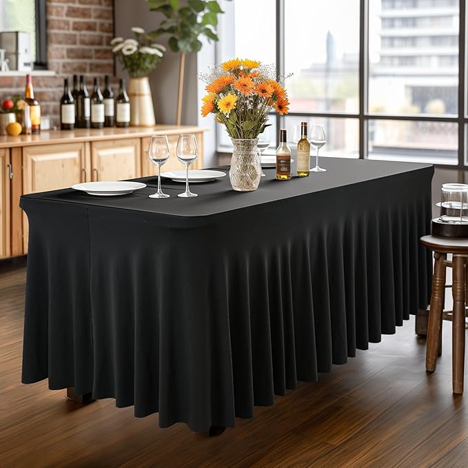 Wish Care 2 Pack Black Spandex Table Cloths - Fitted Rectangle Table Cover, Wrinkle Free, 4ft, Stretch Tablecloths for Party, Banquet, Wedding and Events