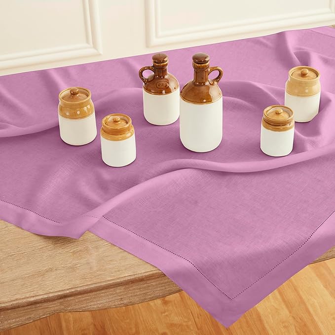 Solino Home Linen Tablecloth 52 x 52 Inch - 100% Pure Linen Violet Square Tablecloth - Classic Hemstitch, Machine Washable Table Throw for Halloween
