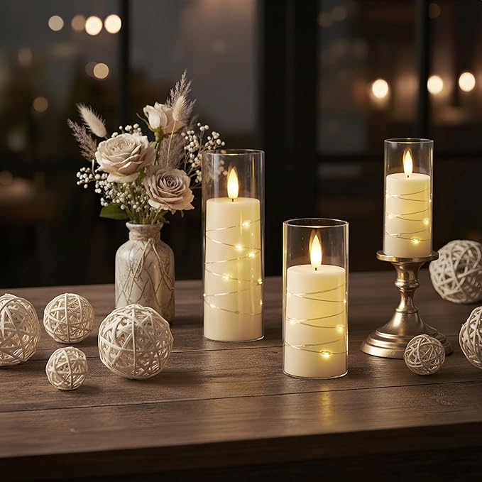 Raycare Flameless Candle with Remote Timer – 9 Flickering Acrylic Battery Operated LED Pillar Candles with Embedded Star String for Halloween, Home Decor, and as a Gift (Ivory)