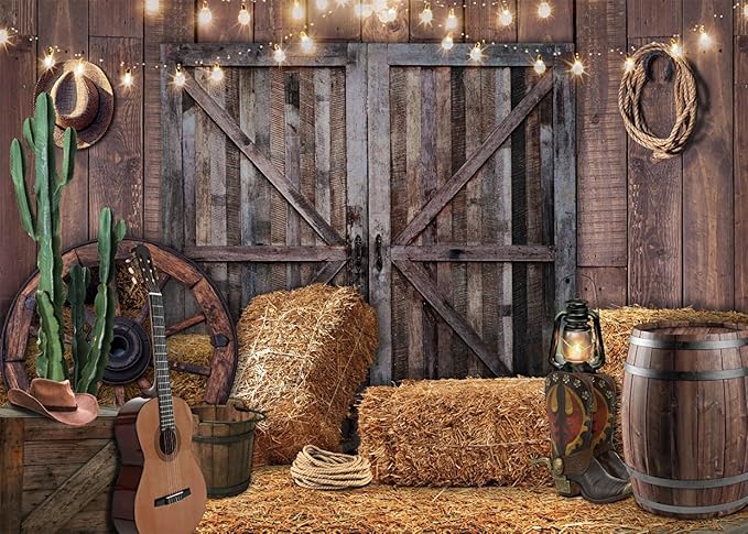 SJOLOON Western Backdrop Rustic Vintage Barn Backdrop Western Themed Party Decoration Photoshoot 12534 (8x6FT)