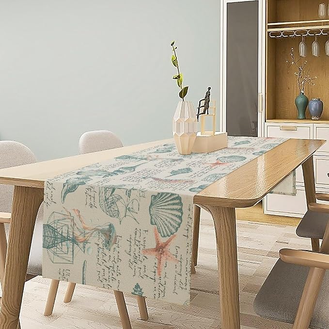 Starfish Table Runner,Seashells Beach Coastal Nautical Sailboat Jellyfish Vintage Hand Drawn Burlap for Hotel Indoors Outdoor Dining Room Kitchen Table Decor, 13x60in